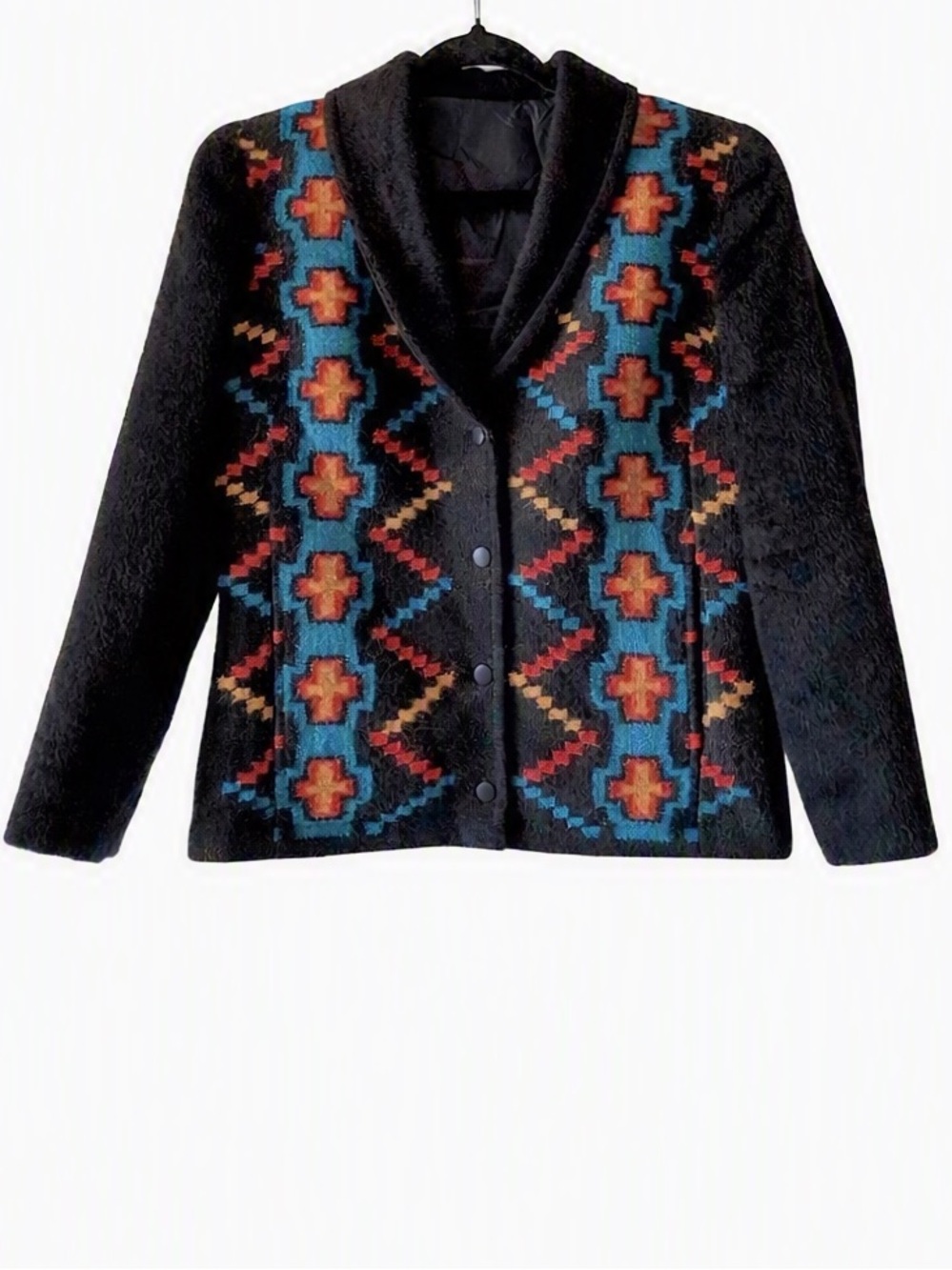 Tabask Alpaca Wool Handmade in Peru Black Southwestern Pattern Jacket Size S